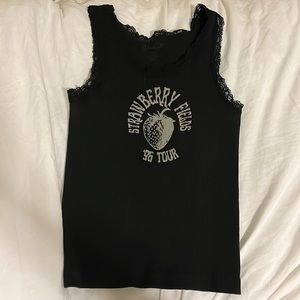 John Galt strawberry fields forever black ribbed lace trim graphic tank